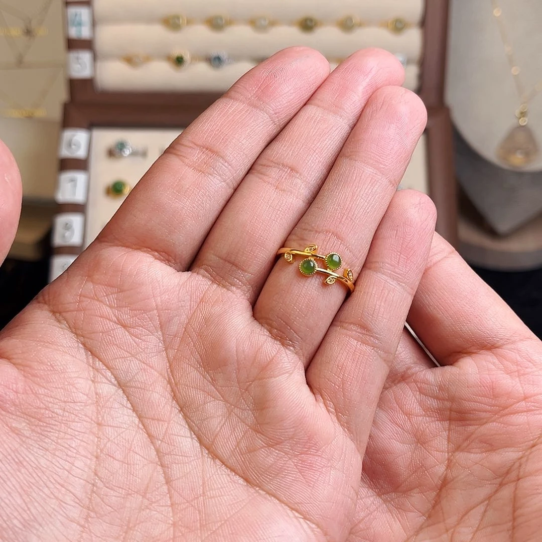 和田玉（碧玉）戒指银S925镶嵌百**檬树叶