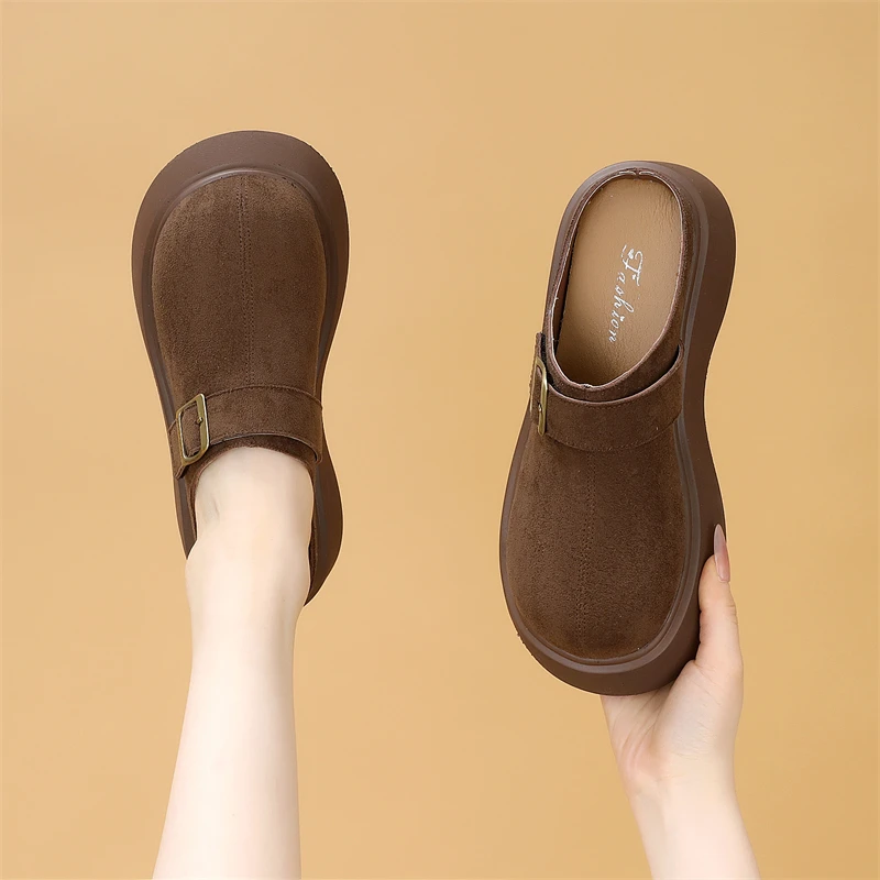 增高厚底勃肯鞋女绒面外穿春秋新款森系复古时尚包头懒人半拖鞋