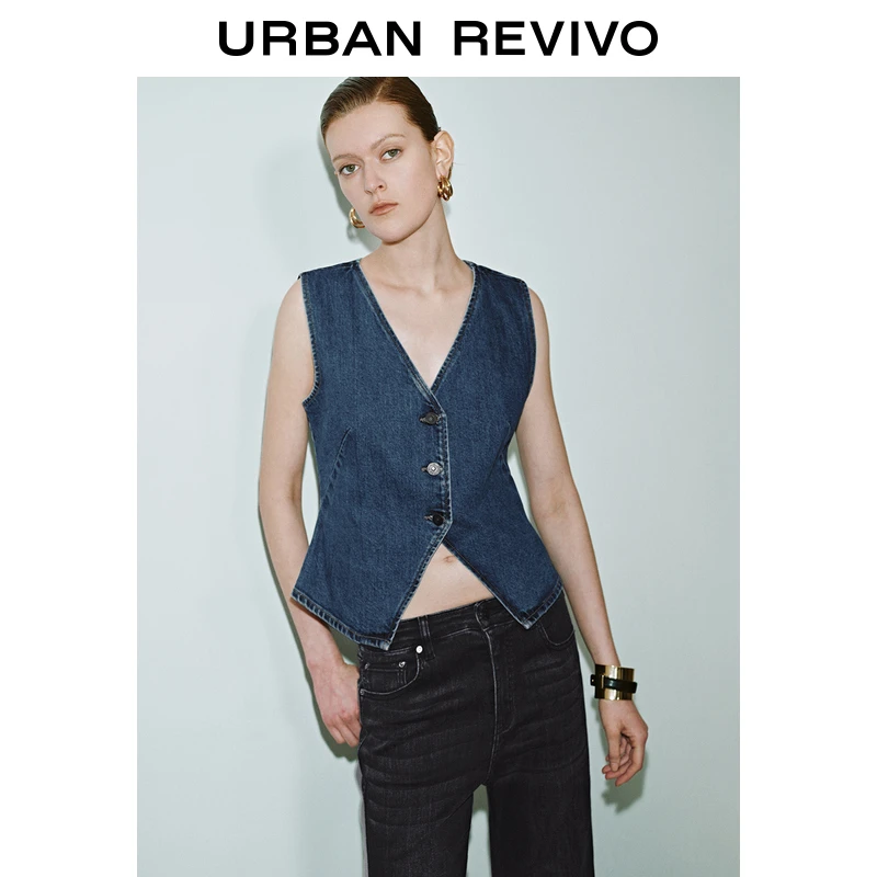 UR2025春季新款女装欧若风复古氛围感开衩V领牛仔外套UWG850050