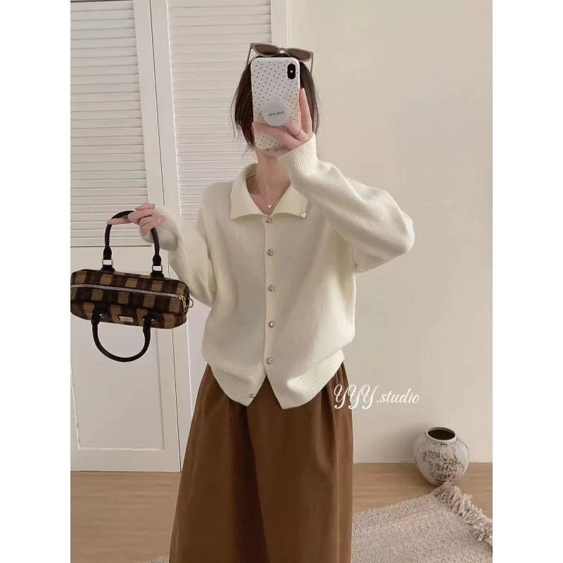 【mw1255】毛衣穿搭纯色系针织衫翻领开衫插肩袖显瘦上衣