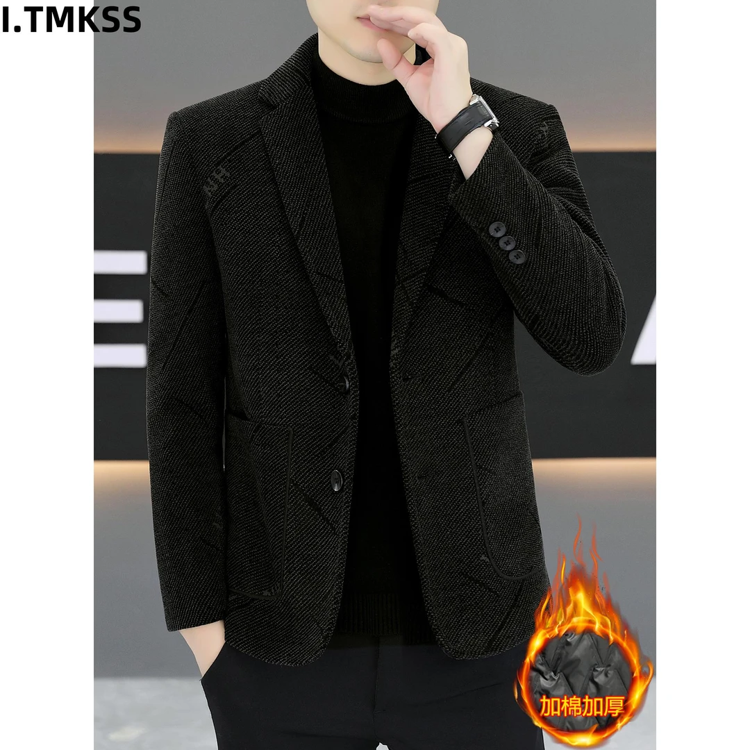 男士毛呢西装外套2026冬季新款加棉加厚保暖高端中年休闲小西服潮