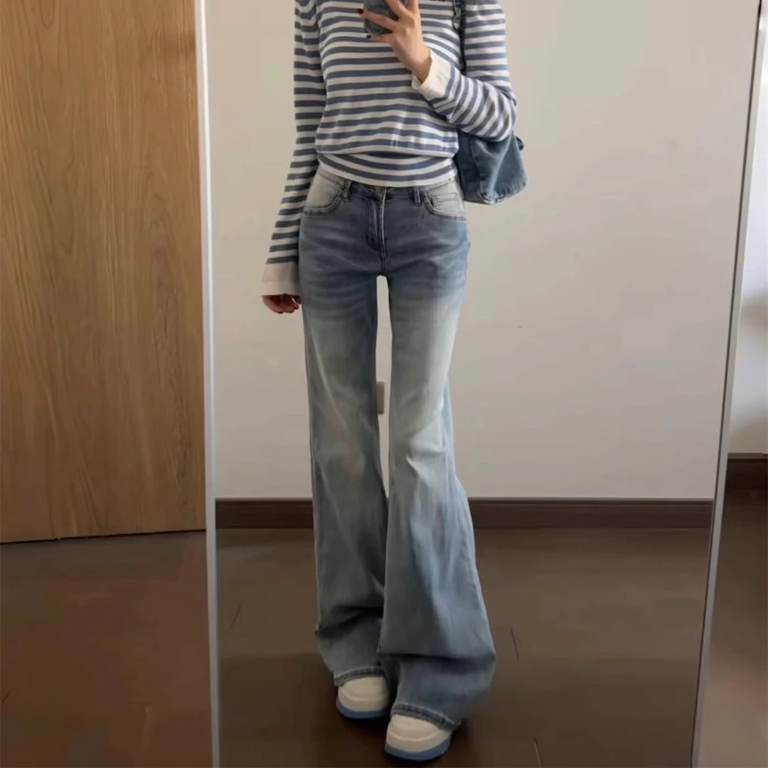 美式低腰微喇牛仔裤女2025新款春季时尚设计感修身复古马蹄喇叭裤