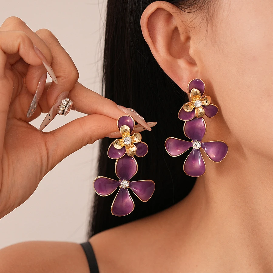 合金耳饰 【紫色花朵耳环】百搭时尚气质高级感镶钻花朵耳饰