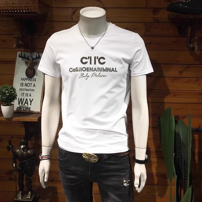 DESITASH夏季短袖t恤男士欧洲站烫钻印花青年修身简约字母圆领