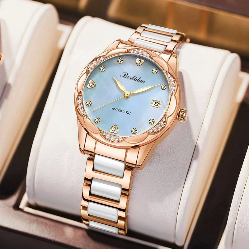 时尚气质蓝面贝母夜光间陶瓷全自动背透女表9121专属