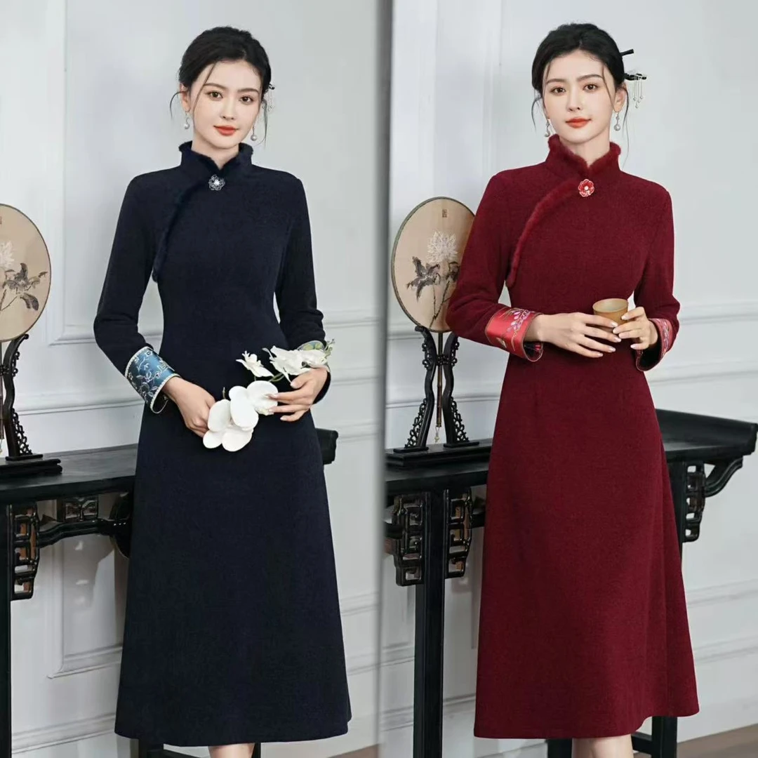 0219红色A版刺绣花高级旗袍裙