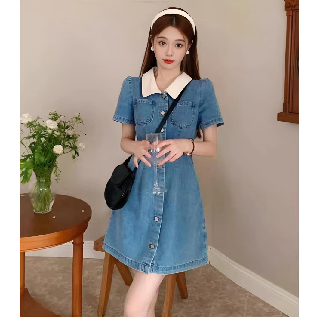 ASY/小个子2025气质显瘦港风收腰A字拼色韩版冰丝牛仔裙连衣裙