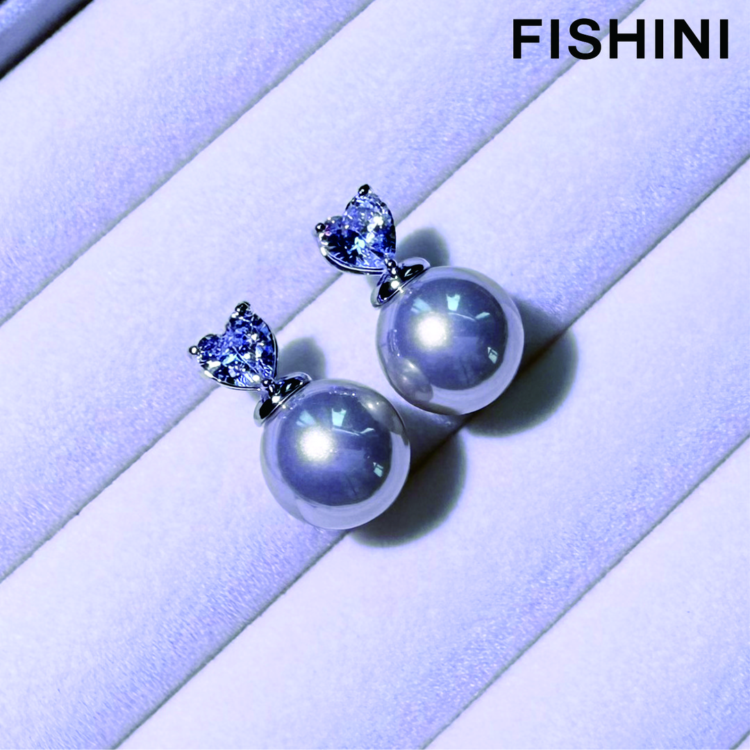 铜合金仿珍珠耳饰 爱心锆石闪耀白色贝珠耳环气质甜美