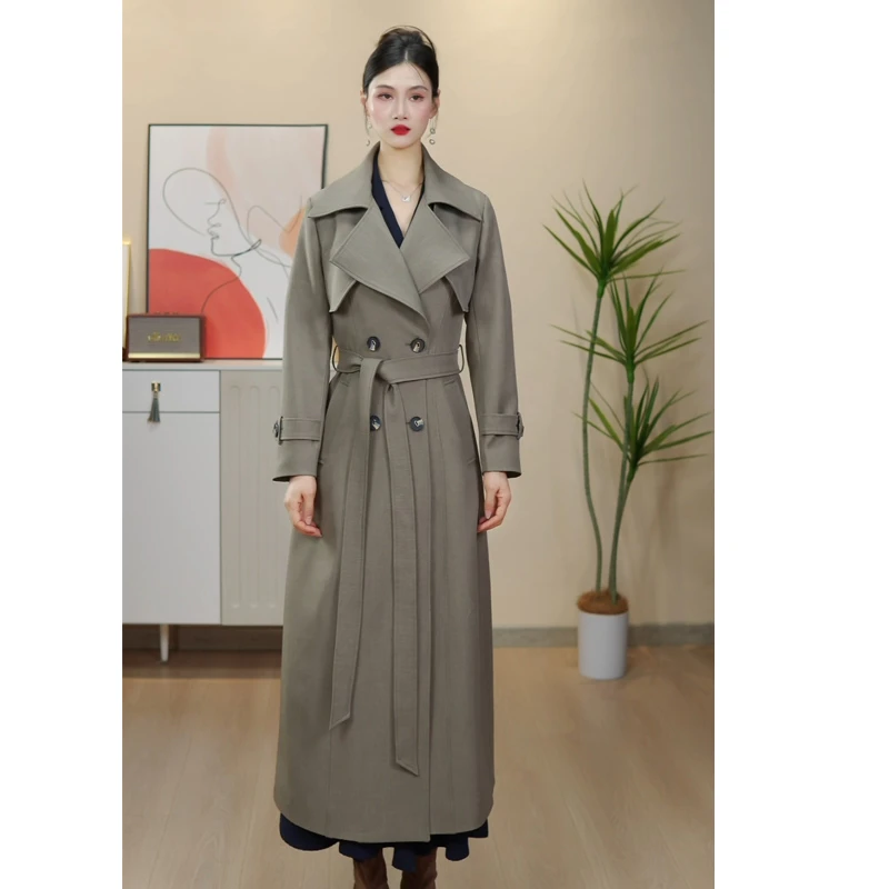 春季长款风衣气质女装长款时尚秋季显瘦灰色气质收腰女装长外套