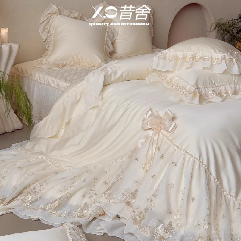法式公主风100S长绒棉纯棉床上四件套纯棉蕾丝边被套床盖床单床品