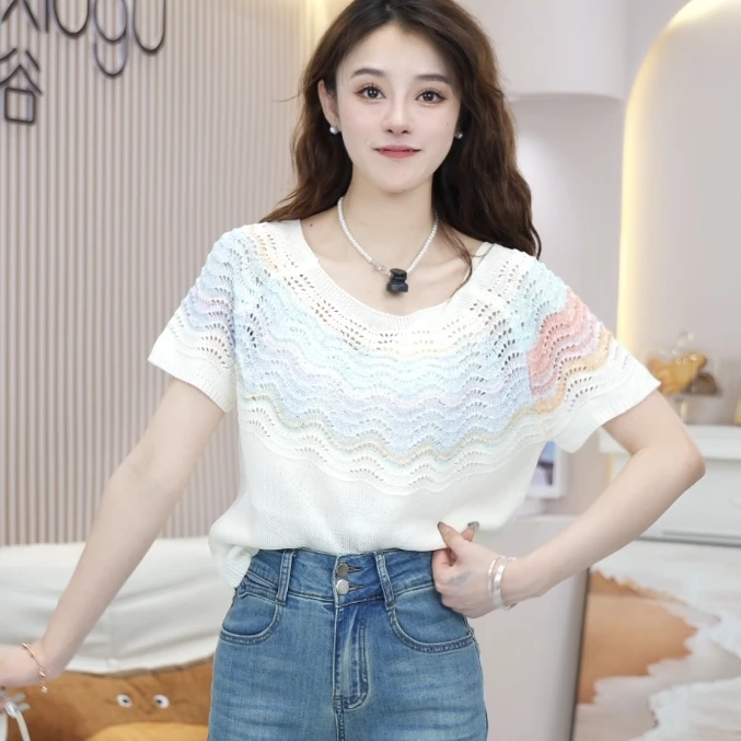 渐变色2025夏季新款镂空钩花波浪撞色短袖针织衫短款上衣女H310