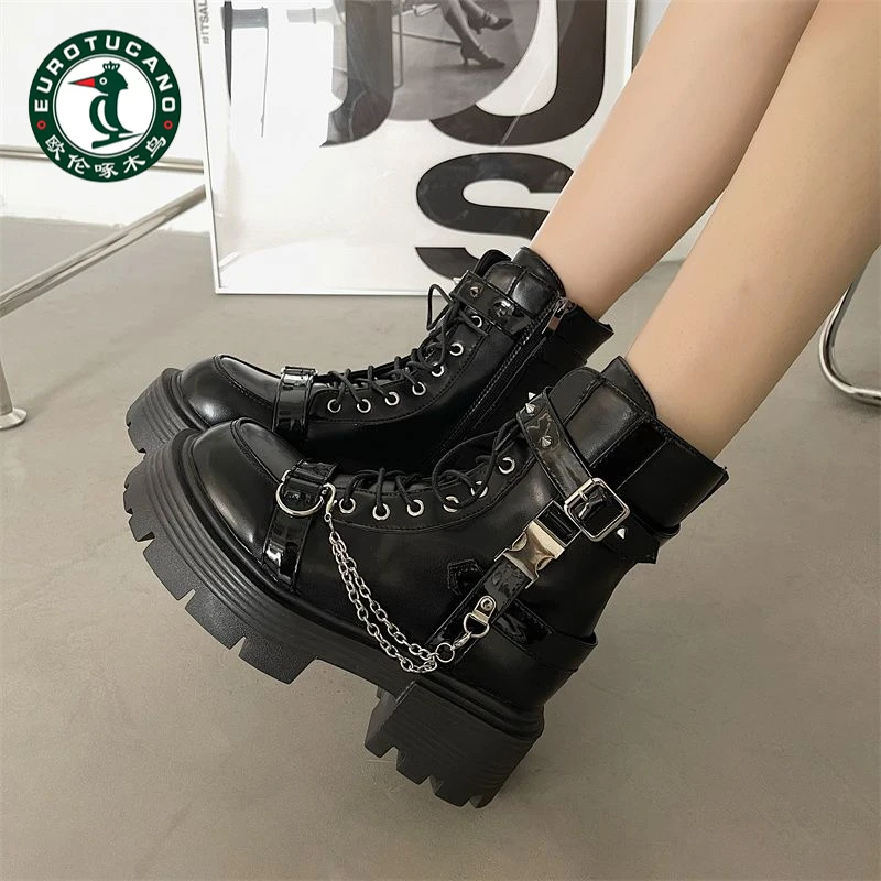 欧伦啄木鸟甜酷马丁靴女2025年春秋新款百搭机车靴增高英伦风短靴