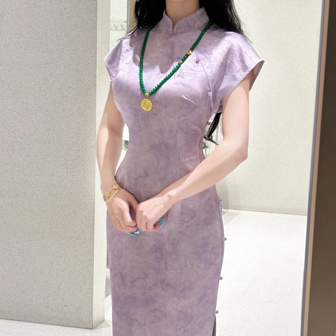 LHMknk1画报夫人原创自制夏季薄款新中式国风紫色旗袍 芋紫飘香