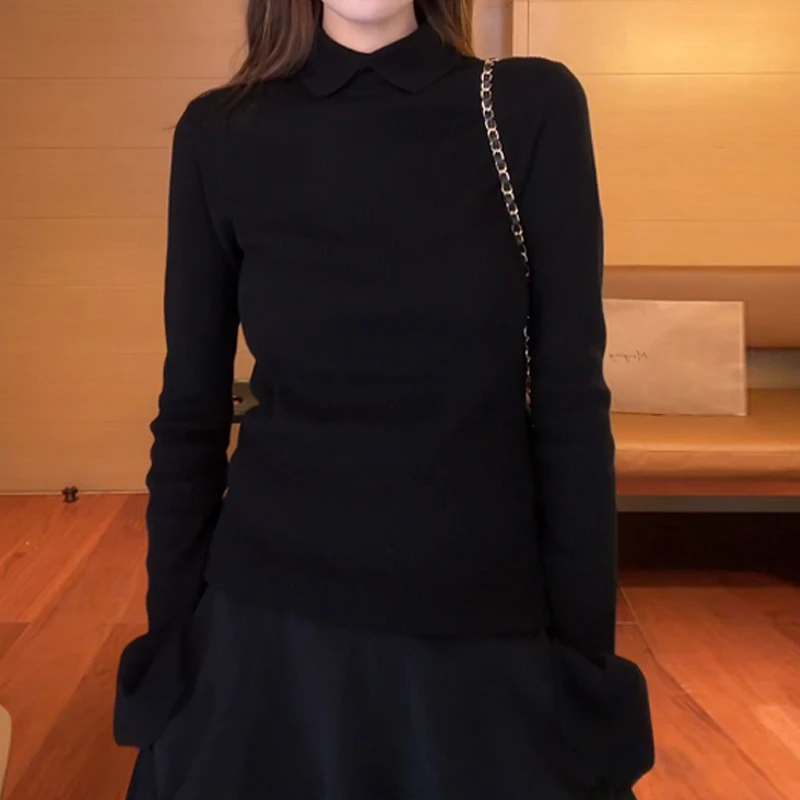 时尚简约百搭休闲长袖针织衫女春秋修身显瘦洋气黑色内搭打底上衣