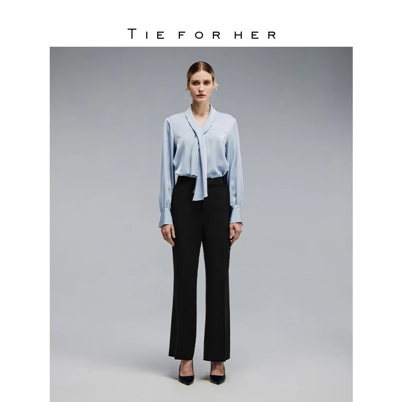 TieForHer 飘带设计垂感法式优雅高级感V领长袖通勤衬衫女