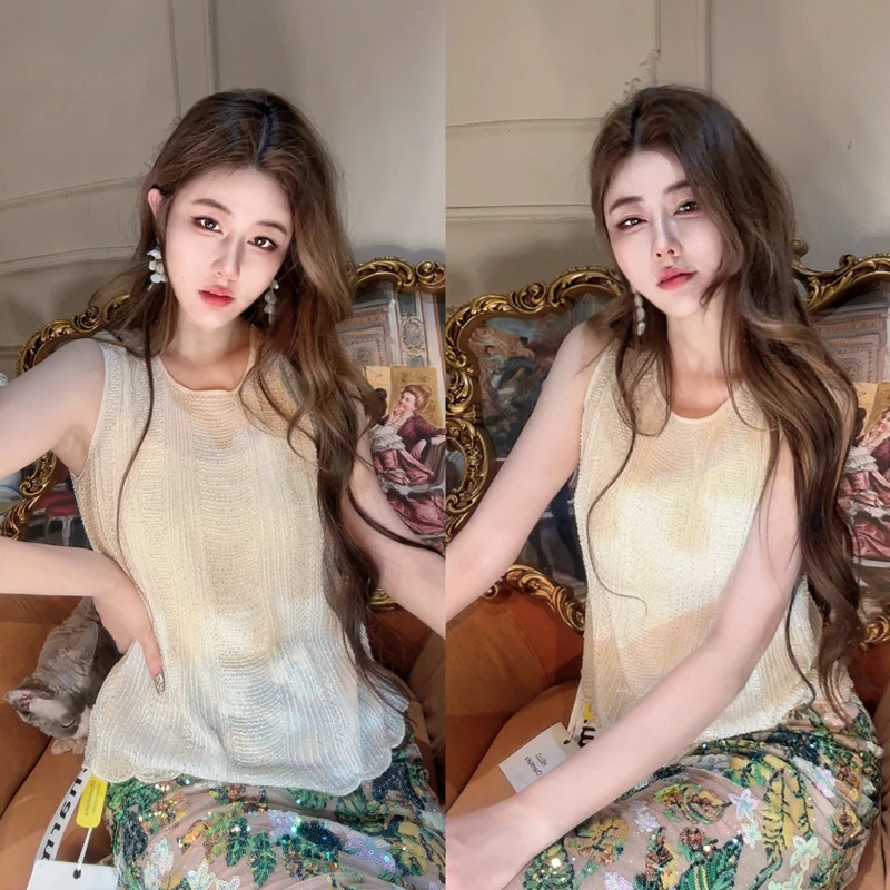 【韵律织纹】62534纯欲水晶珠串波浪边无袖背心