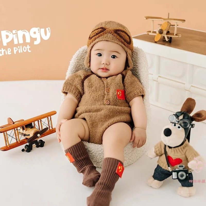 百天新生儿满月宝宝飞行员机长摄影主题服装道具影楼拍照写真哈衣