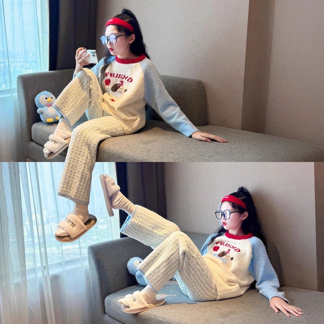 女童加绒睡衣套装2025新款初中生冬装珊瑚绒家居服儿童保暖居家服