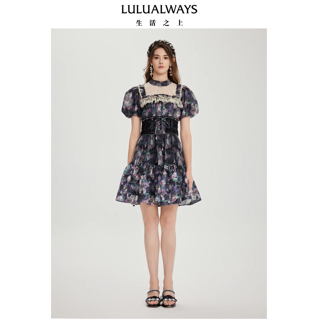 LULUALWAYS【商场同款】25夏季新款复古宫廷风绑带蕾丝拼接连衣裙