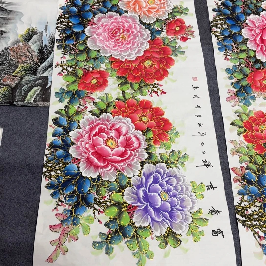 ****国画180×70水晶金线牡丹画画
