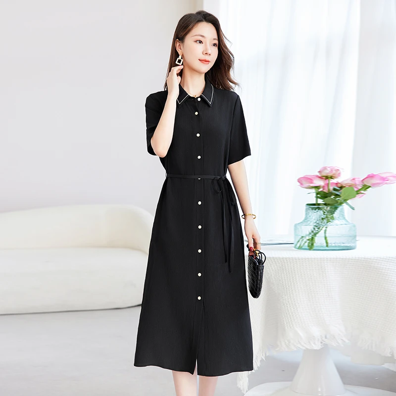 【三羊】夏季新款100桑蚕丝真丝冠乐绉长款连衣裙82598902