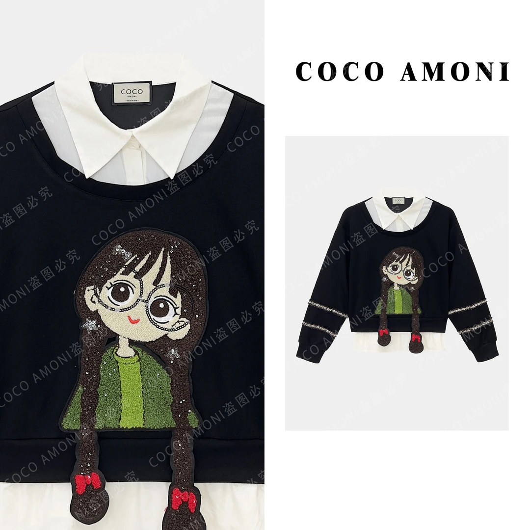 [曼姐]新款秋冬高级感假两件拼接重工刺绣可爱女孩长袖卫衣ZD071