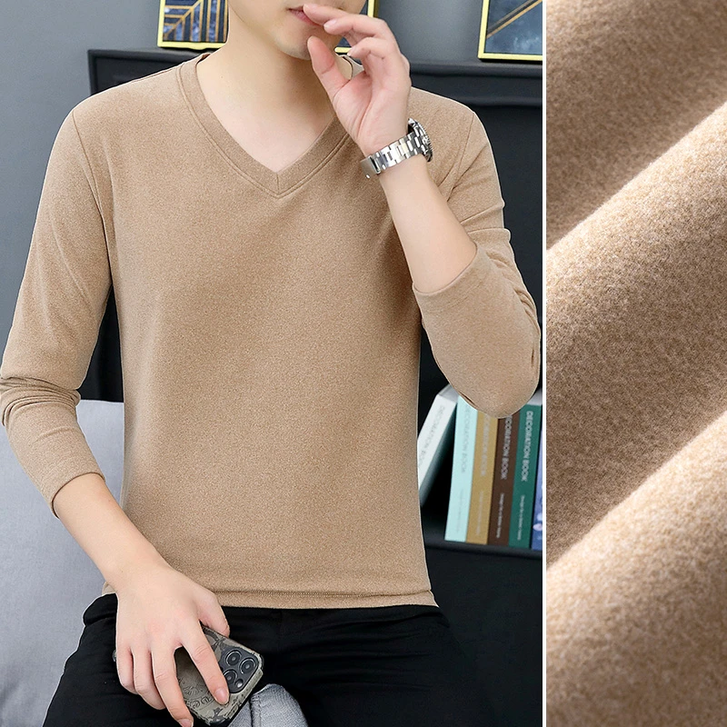 双面绒打底衫男v领秋冬长袖T恤加厚加绒内搭保暖纯色鸡心领秋衣