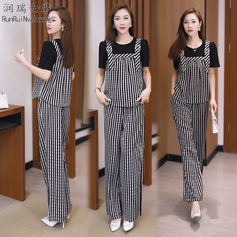 时尚小个子夏显瘦韩版洋气减龄女装休闲条纹休闲两件套气质两件套