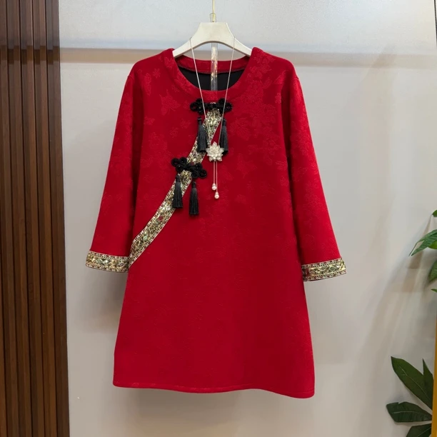 大码新款时尚气质复古国风盘扣流苏设计宽松百搭遮肉大衫