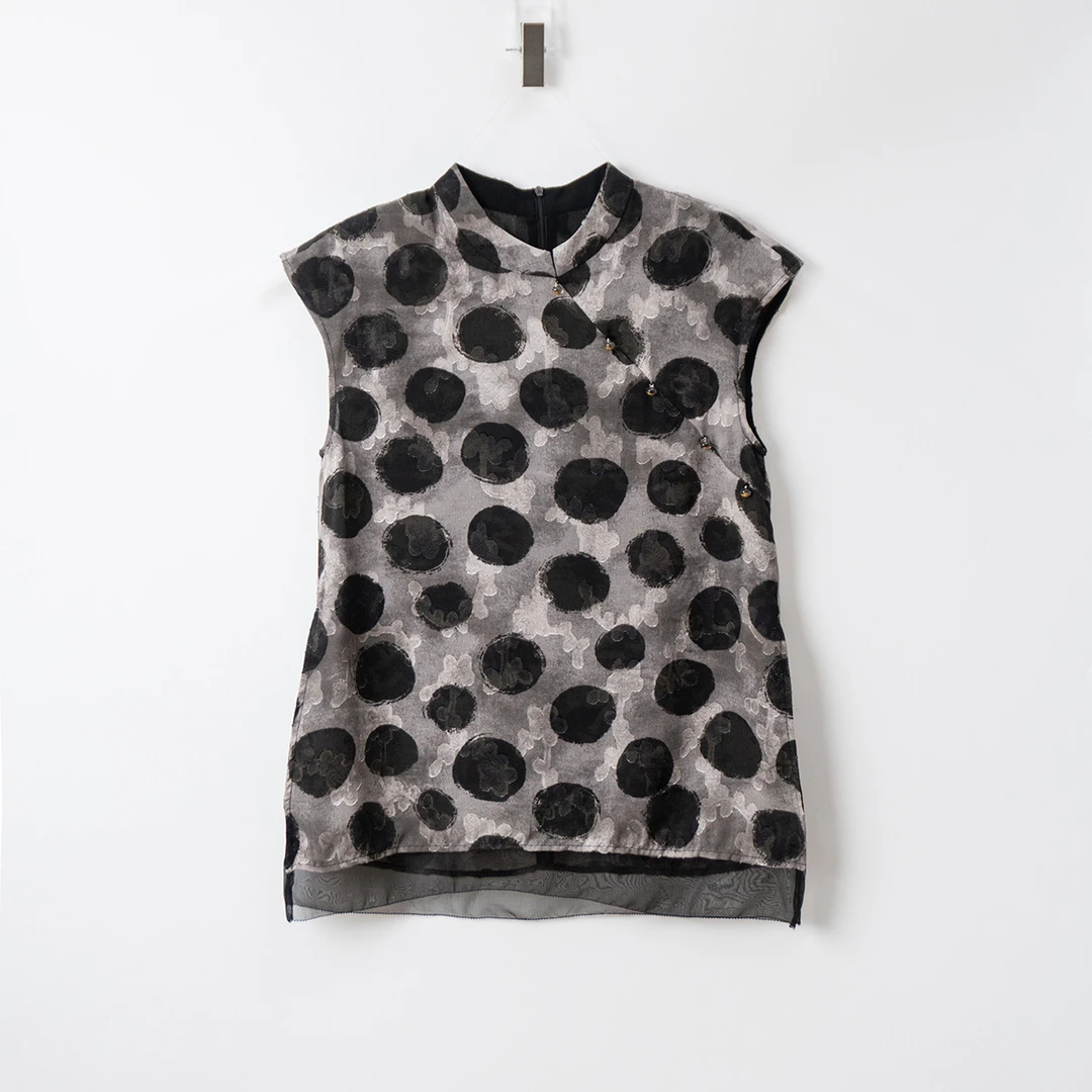 2025夏季新款高级感时尚百搭波点斜门襟立领瓦袖背心上衣女JN8002