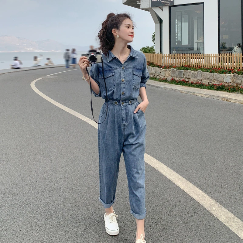 时尚高腰牛仔连体裤女2025夏季新款宽松网红休闲工装九分连衣裤潮