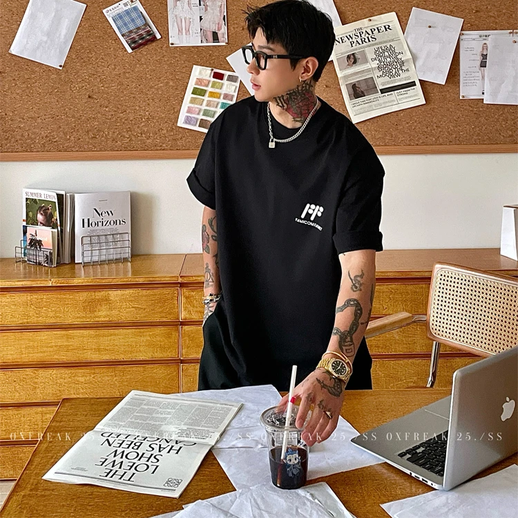 OXFREAK「趣味符号印花」300g纯棉重磅黑色短袖t恤男宽松情侣半袖