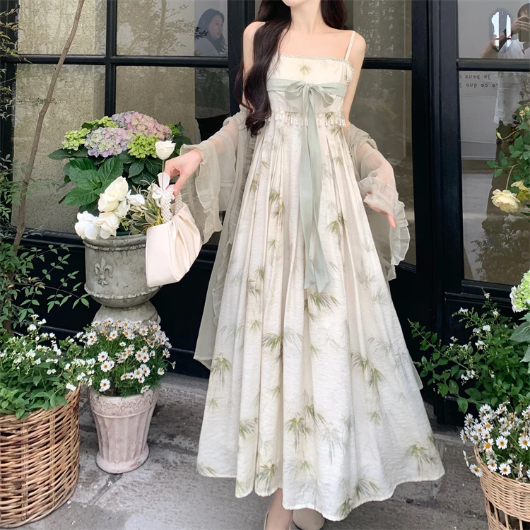 7896 大码女装国风水墨竹叶中式改良汉服吊带裙+雪纺开衫两件套