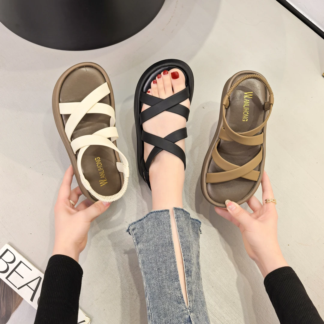 女运动风罗马风胶粘纯色罗马凉鞋平底韩版舒适厚底女鞋软底夏季