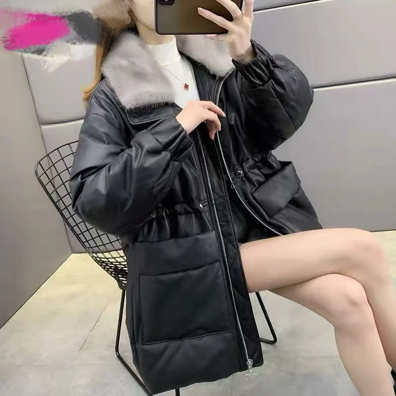 《刘夫人推荐》中长款冬季水貂毛领收腰外套宽松显瘦皮衣拼接厚款