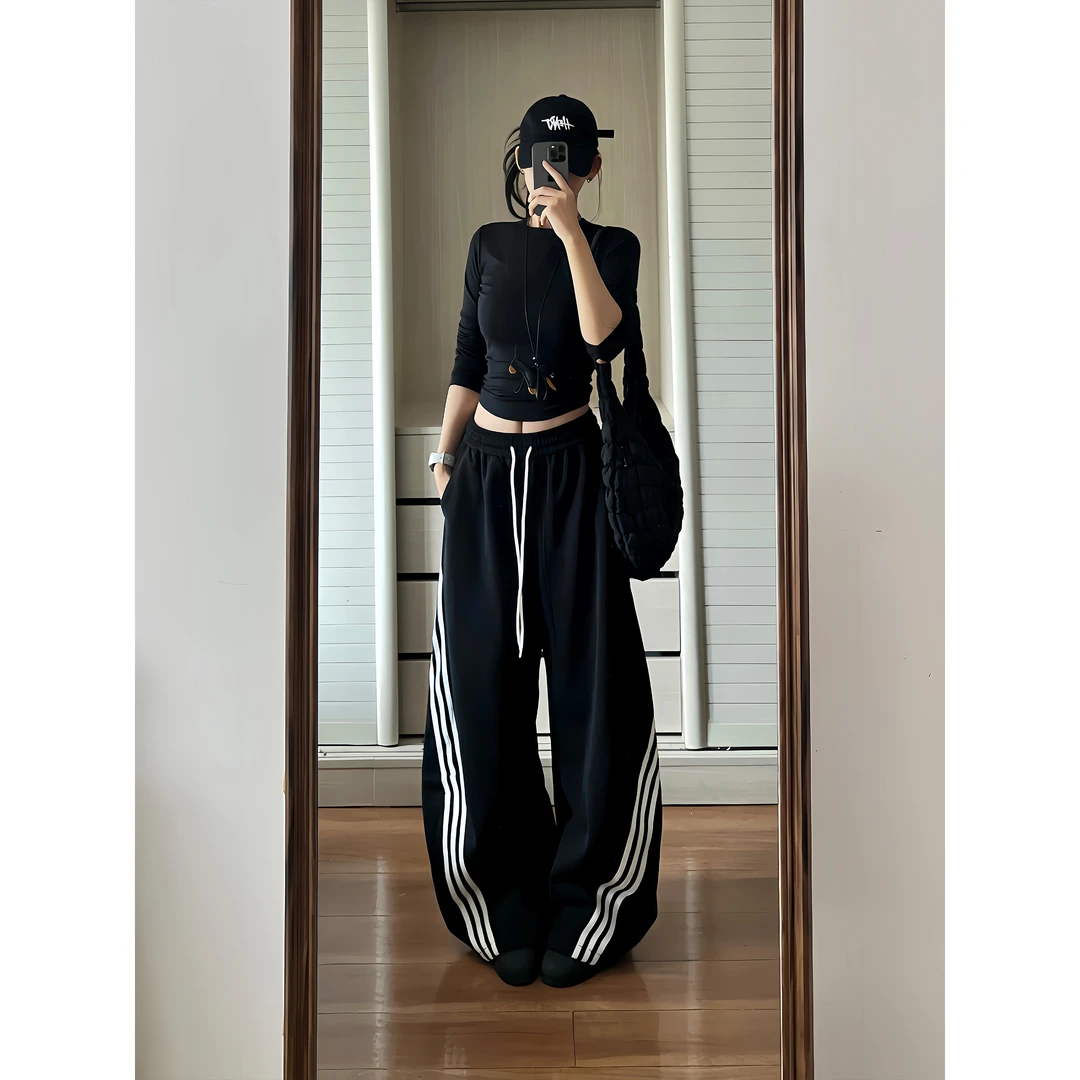 ESEWRD美式经典三条杆弯刀休闲卫裤男女宽松廓形高级垂感裤子情侣