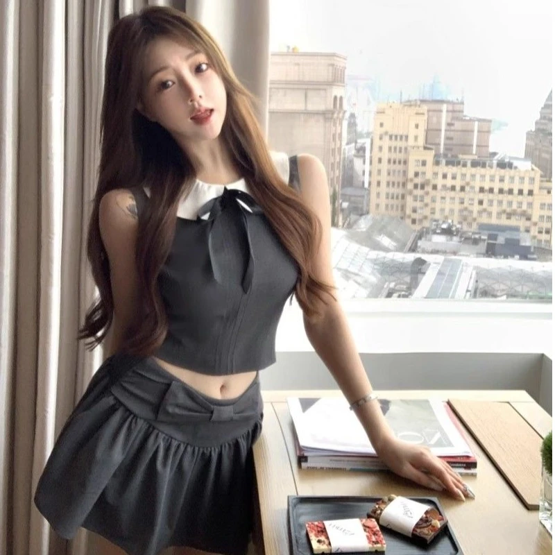 韩系高知穿搭套装撞色娃娃领无袖背心女夏季蝴蝶结半身裙两件套装