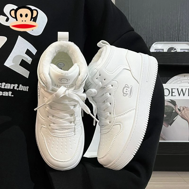 大嘴猴原创简约纯白冬季情侣款板鞋百搭男款aj厚底保暖加绒休闲鞋