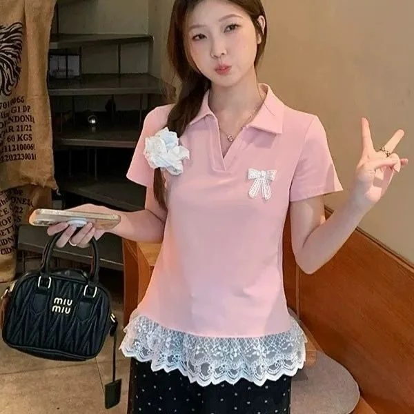 大码纯棉POLO领短袖夏季蕾丝蝴蝶结设计T恤女胖MM遮肉显瘦上衣