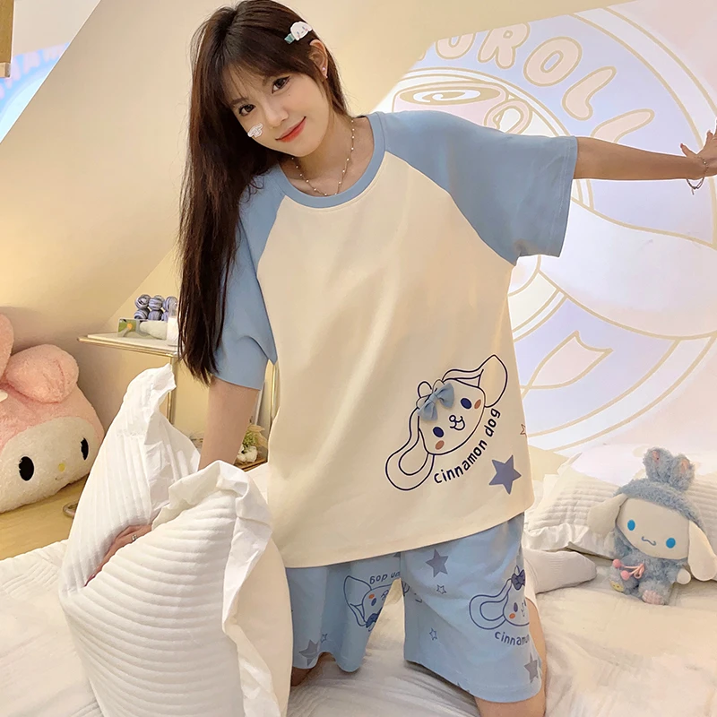 睡衣女士夏季纯棉短袖短裤家居服夏款薄款卡通少女可外穿大码套装