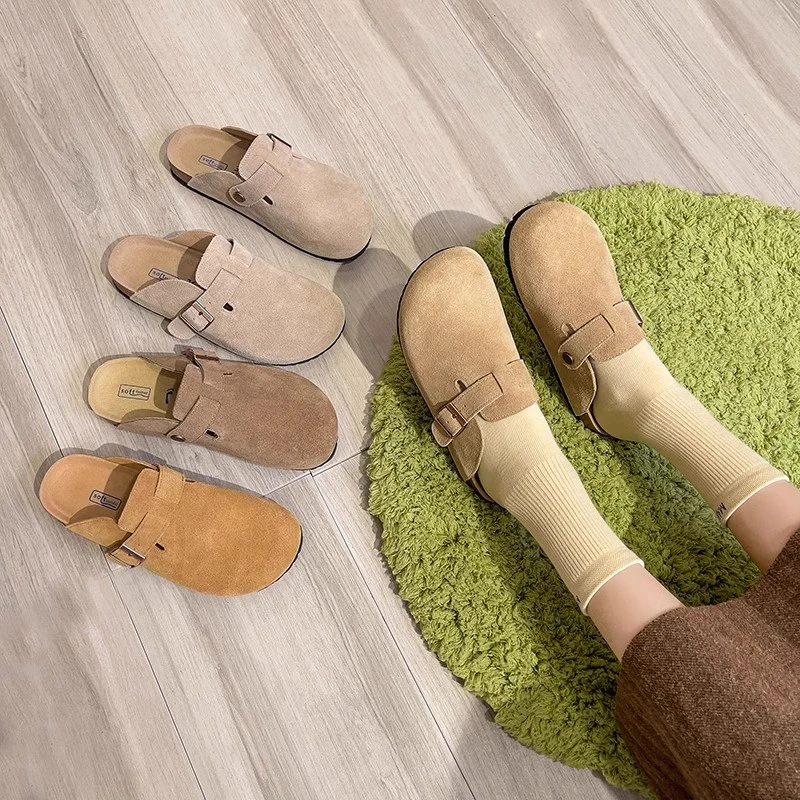 博肯鞋女舒适平底半拖厚底夏季真软木百搭软底防滑复古凉拖鞋女