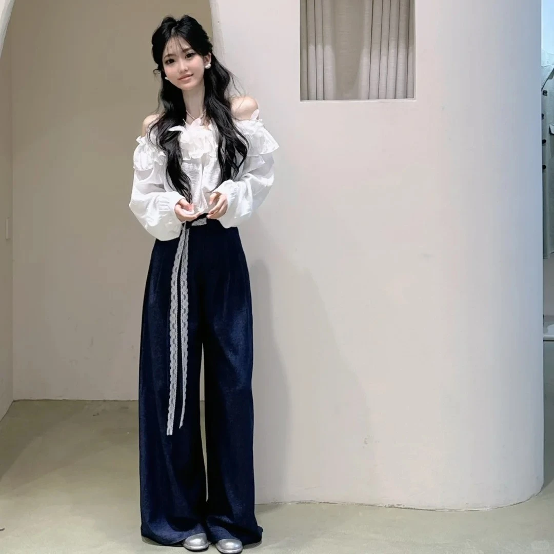 2025春季新款法式度假风花瓣一字领衬衫小衫女时尚显腿长阔腿裤
