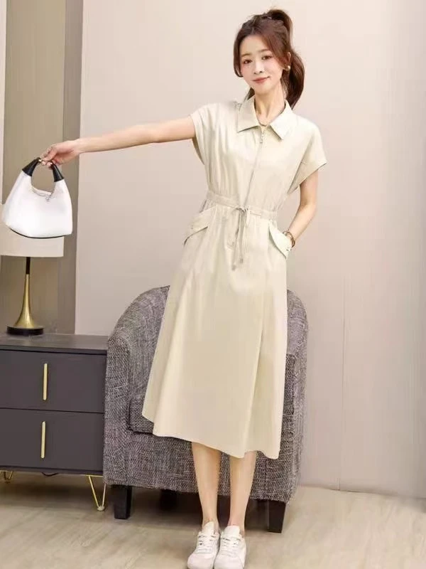 高个子加长工装连衣裙女夏季新款收腰显瘦polo领蓝色学院风长裙子