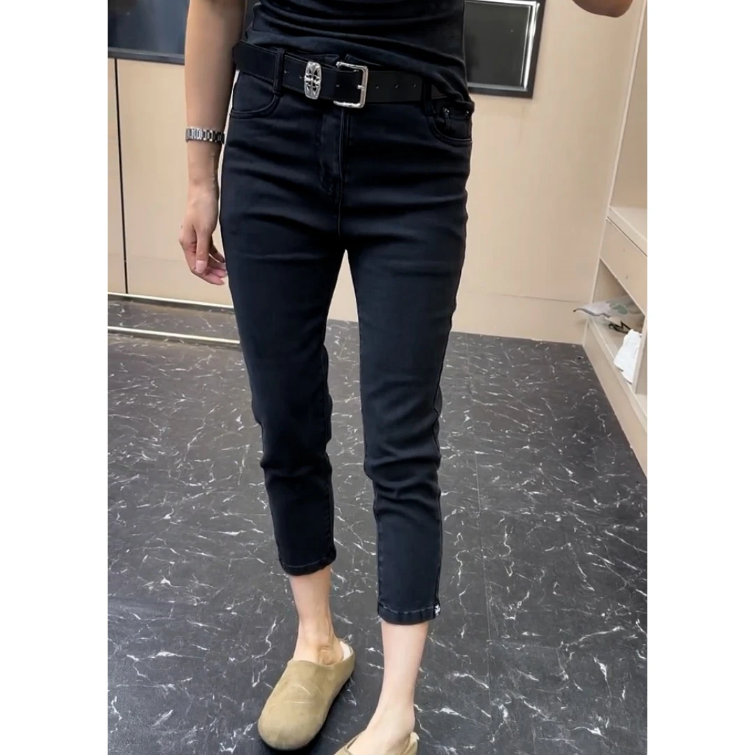 女牛仔裤高腰直筒外穿小个子磨毛九分裤小脚裤黑色修身弹力烟管裤