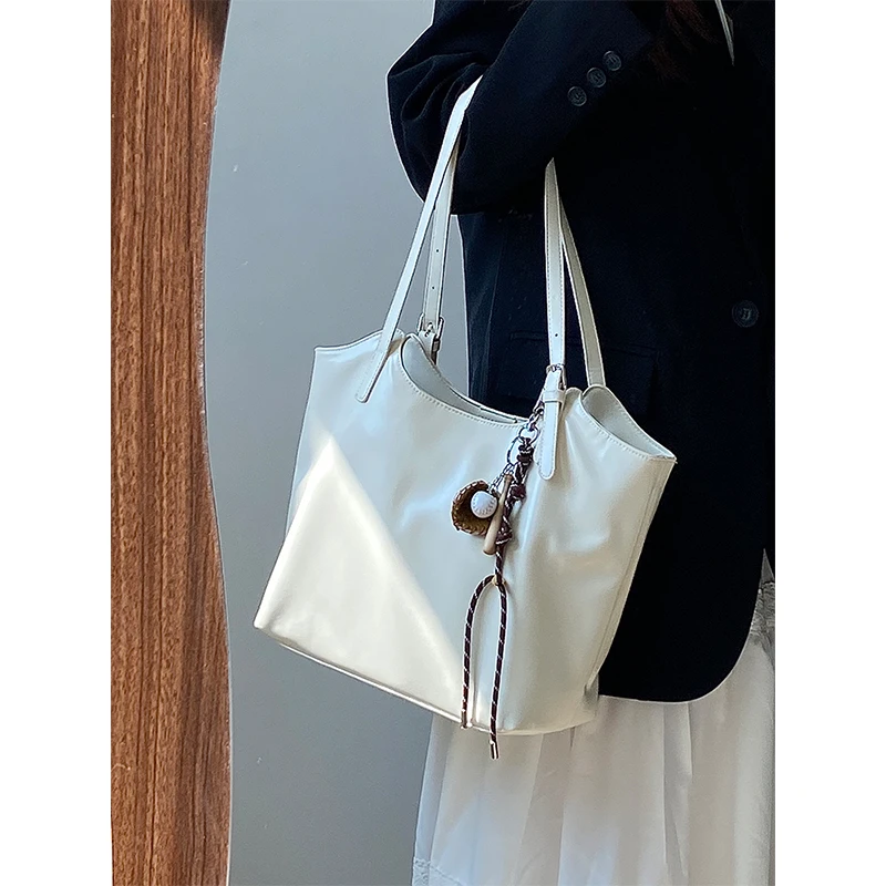 124【 针扣托特米白】韩版大容量托特包简约百搭通勤单肩大包
