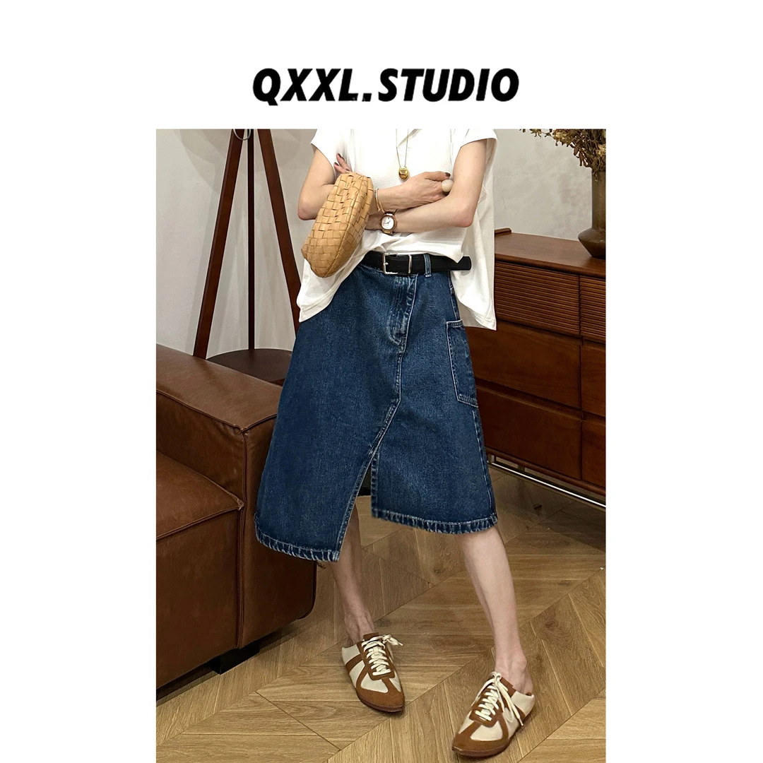 邱小小丽呀 （含腰带）不对称设计开叉高腰半身裙女气质显瘦牛仔裙