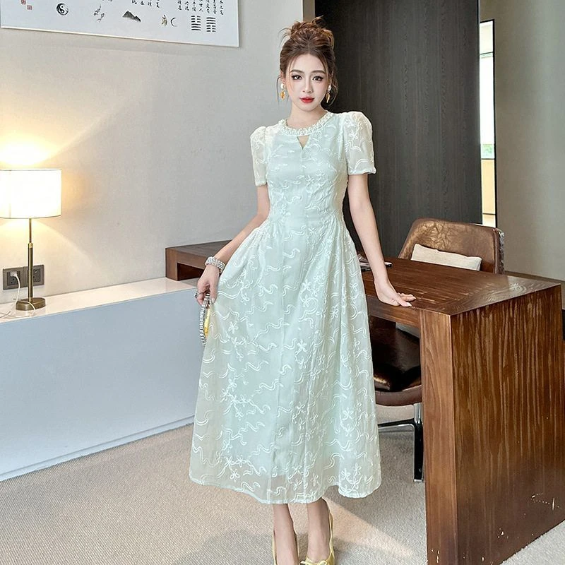2025夏季新款女装法式重工镶钻镂空收腰大摆长款绣花连衣裙45171