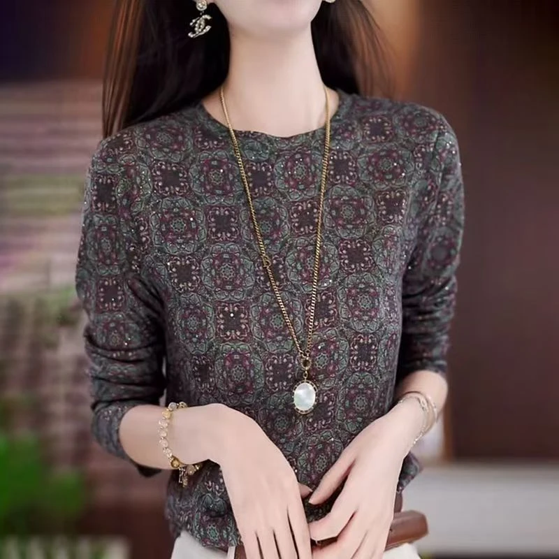 时尚妈妈装印花圆领内搭德绒打底衫女秋冬季洋气减龄长袖T恤上衣