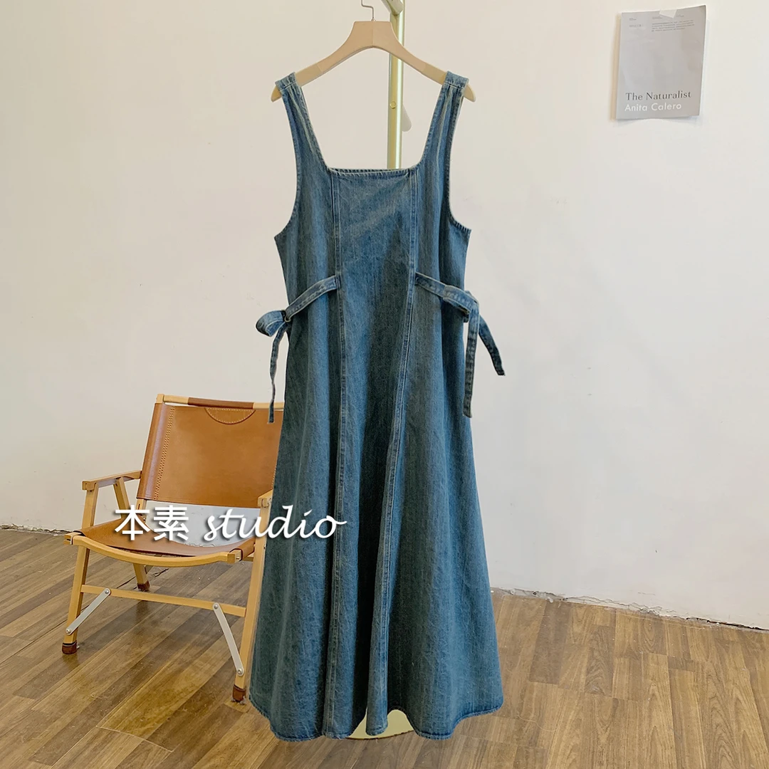 邂逅MNY2562腰侧系带可调节牛仔背带裙