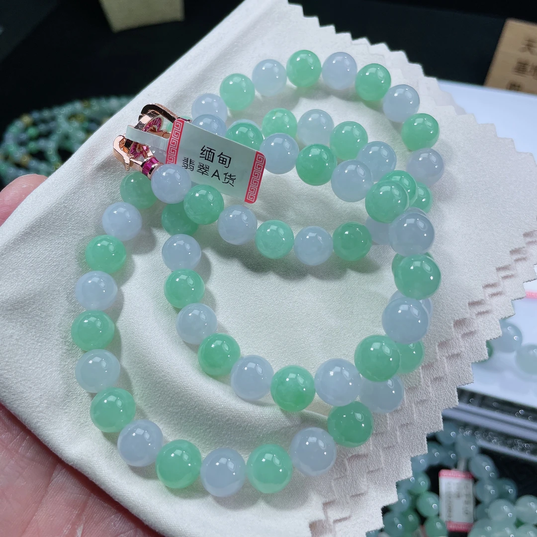 缅甸天然翡翠A货多宝紫罗兰飘绿双彩翡翠项链女款卡10 63颗渐变